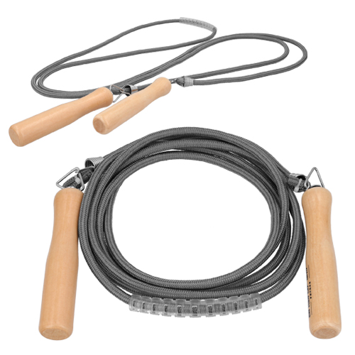 TL-014, Cuerda deportiva de poliéster con mango de madera y seguros de metal con goma de equilibrio.